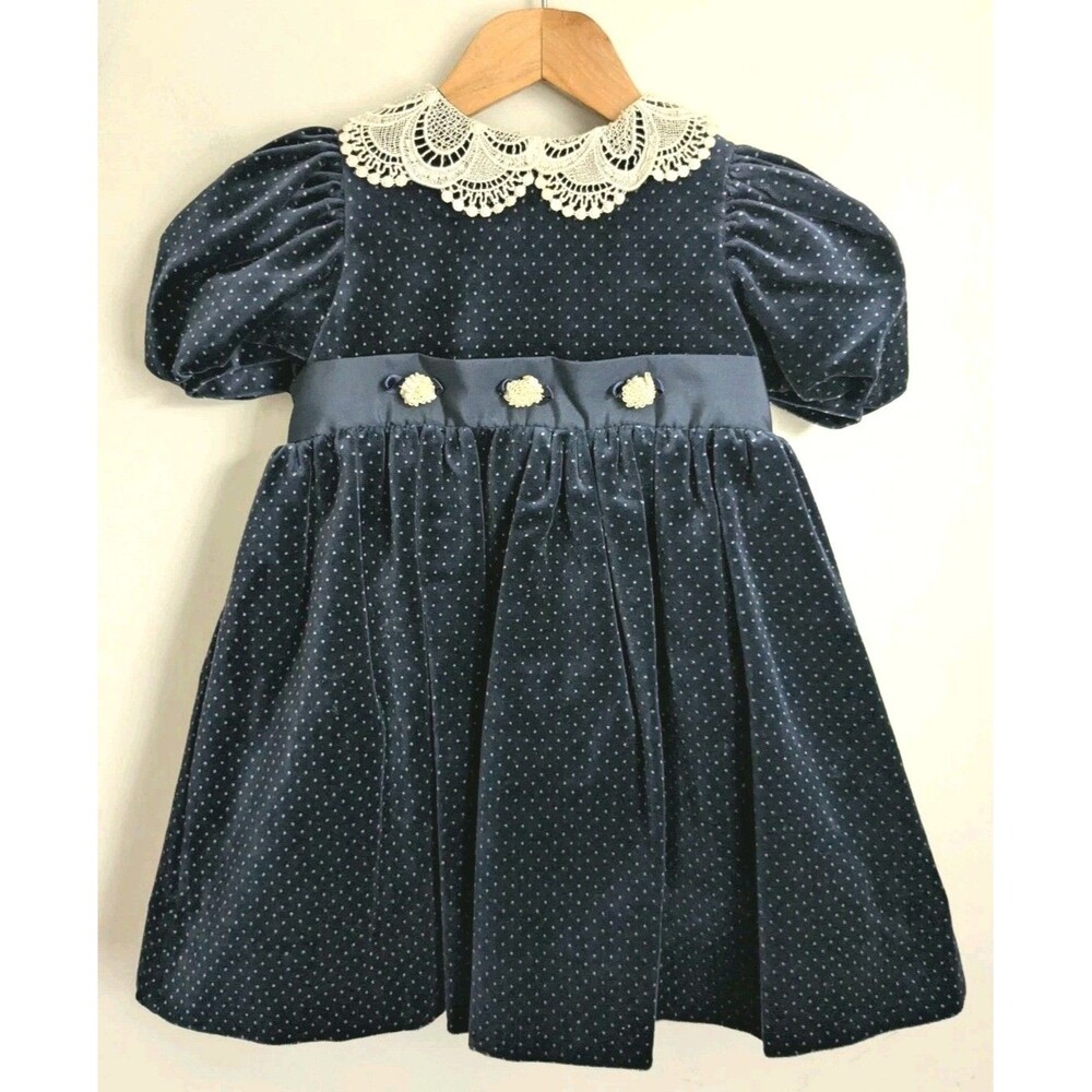 Vtg Florence Eiseman Girls 2T Blue Velvet Party Dress Sash Lace Collar USA Made